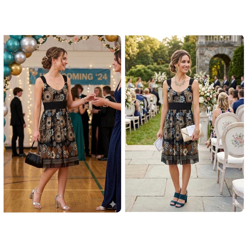 R&M Richards Black Medallion Print Mesh Pleated Whimsigoth Y2K Cocktail Dress 6P
